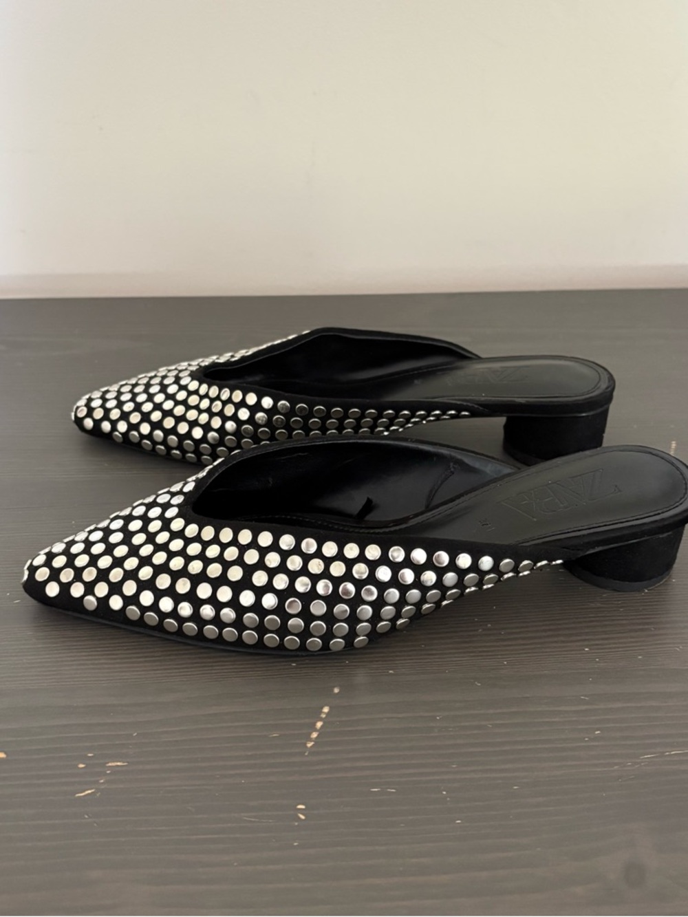 ZARA Black Studded Mules Size 37 Pointed Toe Kitten Heel Slip On Flats Chic